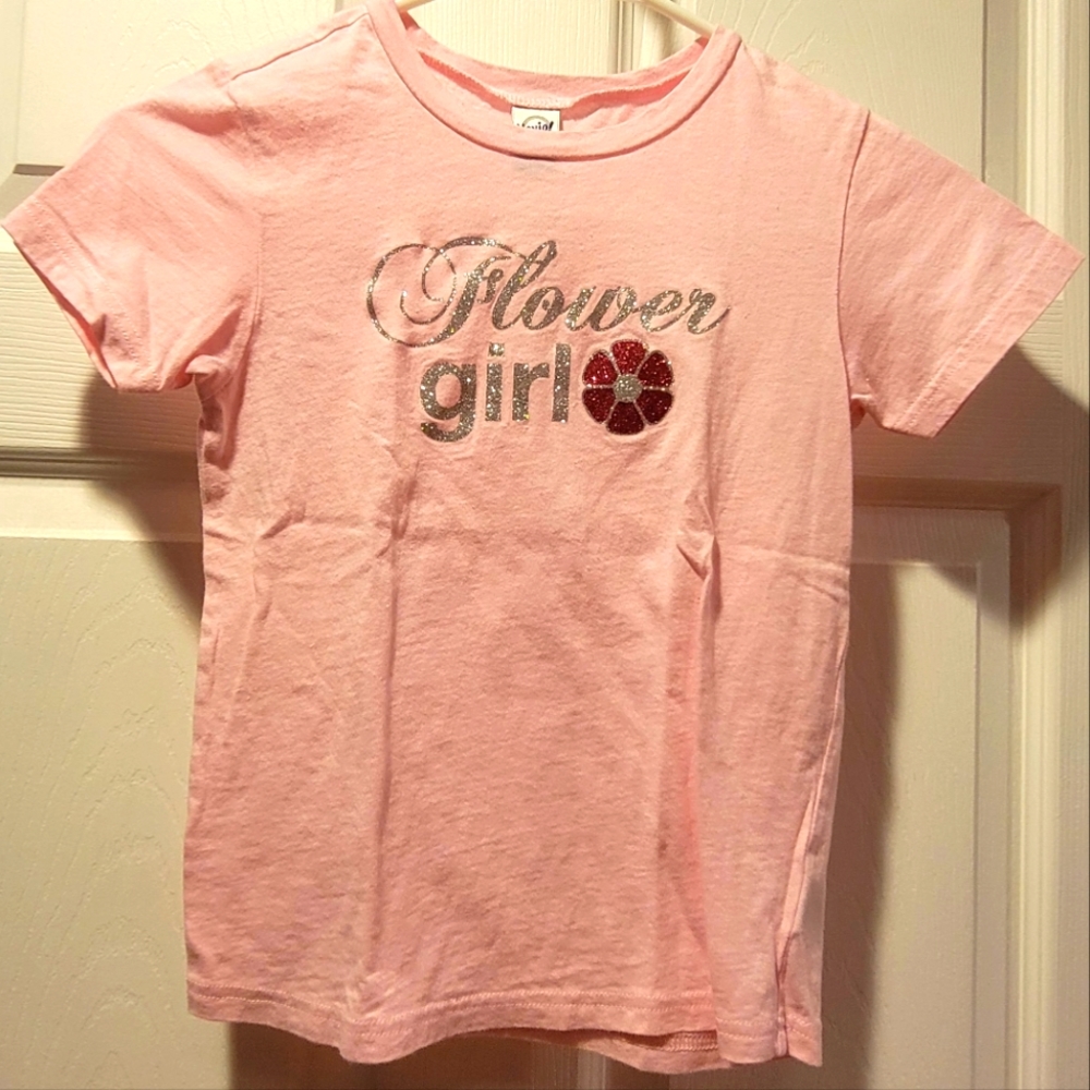 Girls size 5T, sparkly "Flower Girl" t-shirt, pink with sparkly silver letters